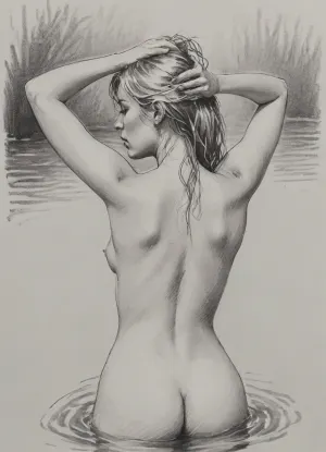 vex, naked, 30 year old, long blonde hair, bathing in water, hands behind head, view from behind, pencil sketch, monochrome, nude portrait, posing like artist's model, pencil, drawix17, dwx17, <lora:sketch_it:1>, <lora:Pencil_Sketch-06R:.5>, <lora:drawix17:.1>