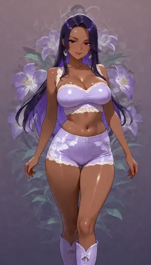 (25 year old dark skinned petite fuck machine hottie), tight white lace skirt, bare midriff, extremely tight thin tube top, highlights on purple hair, ((highly detailed face, dark eyes, lipstick)), (((diverse floral background tropical orchid:1.2))), ((purple slut wife, hot shorts), 38BB medium breasts, slight cleavage, front view, slut wife, subtle smile, floral top, lace skirt, pose pop hip to side, ((slutty boots)))