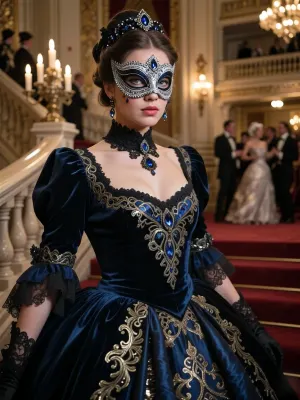 An ultra-realistic cinematic portrait of an exceptionally beautiful woman, from the chest upwards. She is standing, elegantly turned slightly in a three-quarter pose, yet looking directly into the camera. She wears a magnificent, exquisitely detailed, perfectly symmetrical masquerade half-mask, crafted from a dense, glossy dark blue and black material with a meticulously polished three-dimensional surface. The entire surface of the mask is lavishly encrusted with hundreds of tiny, sparkling diamonds, crystals and intricate gold filigree edging. Large, deep-blue sapphires are set into the central crown. A view of the shoulders and upper part of a majestic royal gown made of dark blue velvet and silk, adorned with rich gold embroidery and gemstone accents on the chest and collar. The backdrop is a sumptuous ballroom, with a strong bokeh effect, showing elegant people in evening gowns and tuxedos dancing beneath sparkling crystal chandeliers, as well as a staircase with a red carpet. A masterpiece, with photorealistic, three-dimensional cinematic lighting.