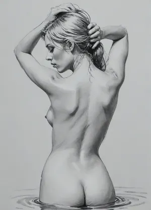 vex, naked, 30 year old, long blonde hair, small breasts, bathing in water, hands on head, view from behind, pencil sketch, monochrome, nude portrait, posing like artist's model, pencil, drawix17, dwx17, <lora:sketch_it:1>, <lora:Pencil_Sketch-06R:.5>, <lora:drawix17:.1>