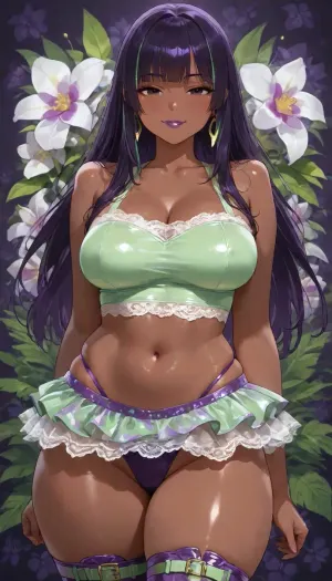 (25 year old dark skinned petite fuck machine hottie), tight white lace skirt, bare midriff, extremely tight sheer green tube top, green white highlights on purple hair, ((highly detailed face, dark eyes, lipstick)), (((diverse floral background tropical orchid:1.2))), ((dress purple satin and lace slut wife, short hem show butt cheeks from the front)), 38BB medium breasts, slight cleavage, ass front view, slut wife, subtle smile, floral top, lace skirt, pose pop hip to side, ((slutty boots))