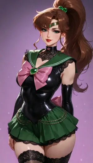 ((Goth lace leather and chains:1.6)), (Sailor Jupiter shows off her gorgeous body), ((Sailor Jupiter costume, green skirt, pink bows)), athletic petite body, ((((highly detailed smile with thick lips and red lipstick, face is detailed and perfectly formed:1.5))), extremely long thick brown hair in high ponytail, long stockings, perfectly formed body), ((soft purple cyberpunk bedroom background))