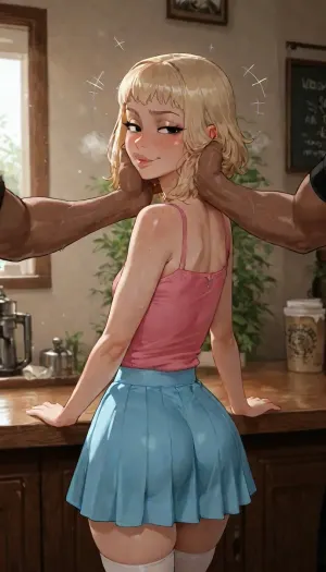 BNHA, (MHA), Hero Prodigy gets a Femboy System. Nao Ichijo, Feminine face, Feminine shoulders, flat chest, Petite arms, Slender legs, Round ass, His blonde hair, so pale it shimmered near silver, and his face both sharp and delicate. Black eyes gleamed beneath furrowed brows. His slender frame—petite, with just a hint of muscle—strained, clinging to his sweat-damp skin, wearing Casual Clothes, pink t-shirt, blue skirt, white stockings, cinematic close-up. He made his way to a nearby coffee shop, the cool morning air mingling with his inner turmoil as he approached the counter.

"Quad espresso… make it fast, " he ordered, his voice heavy with fatigue, leaning against the counter as he suddenly realized he had attracted a throng of curious onlookers.

"Hey." A masculine voice rang out. A dark-skinned man, his long hair braided into tight dreads, blocked Nao's path. Nao, already small under the system's transformation, shrank back in apprehension. The stranger's imposing stature made Nao feel even smaller.

"Wassup, here by yourself?" the dude drawled, slapping a hand on Nao's shoulder and eyeballing his exposed ass with naughty appreciation, his grip firm and intrusive.

"Y-Yeah, I just want a coffee, " Nao stammered, overwhelmed. He was a guy being hit on by another guy, and neither were gay.

"Cool, cool." He replied nonchalantly, his hand reaching under and firmly grasping Nao's ass, firmly gripping Nao's ass, giving it a tight, assertive squeeze that made Nao squeal.

After the barista finished preparing his espresso, Nao snatched the drink and awkwardly retreated from the man's grasp. He managed a polite smile, though his cheeks burned with humiliation, and quickly departed the coffee shop, incase style, (Cartoony), incase, style, <lora:SDXL_oral_v1-000009:1>, <lora:bimboxl_02:.5>, <lora:Incase_Style__SDXL:.4>
