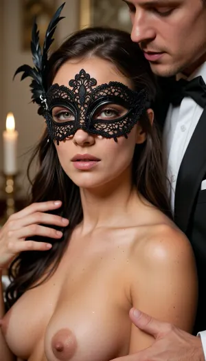 A photorealistic, cinematic portrait of a beautiful stranger wearing a mask in a moment of intimate closeness. She is nude, she has beautiful, natural breasts, from behind, she is tenderly embraced by a companion with short, dark hair and light stubble, wearing a classic tuxedo, he holds her beneath her breasts, his fingers gently enveloping them. She has blue eyes, and her sensual lips are slightly parted.
On her face is a luxurious, Venetian, lace-like, black half-mask, decorated with black feathers on one side, which emphasizes the mystery of her image. In the background, seen in profile, is the interior of an antique room.
Soft, cinematic side lighting creates a deep three-dimensional effect and realistic light-and-shadow contrast, the intimate atmosphere of a secret rendezvous, realism, exquisite detail in the skin, mask, feathers, and fabric, a masterpiece, high resolution, the highest quality