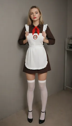 Woman 25 years old, tall, slim figure, big breasts, pretty face, blonde, long square, red lips, blue eyes, Soviet school uniform 1980, ((dark brown dress, white big direct apron, apron with cables)), pioneer tie, white stockings, red high-heeled shoes, spread open pyssy, school class, super realism, high quality picture, high definition detail, suxl, pionyrs, shirt, neckerchief, skirt, sash, badge, panties, pulled, to, side, pussy, shaved, <lora:suxl:1.6>, <lora:pionyrka:.1>, <lora:Pussy_pants_nohands_D03_realvizXL2_bucket_01-000010:1.4>