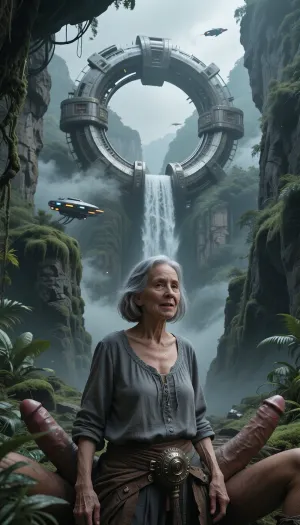A full-body view at a distance of 4 meters, from head to toe. An elderly, innocent, cheerful grandmother who's wearing a blouse, (an aged woman, 70 years old:1.8), . Her skin is that of a 70-year-old woman. The old lady has grey hair, (Small, long, and very saggy breasts:1.8), ((very detailed skin)), . Hair cut in a bob, surrounded by men's giant penises
a cinematic wide shot of a massive, ancient circular metal structure, an alien ring gate integrated into a lush, misty jungle landscape, overgrown with moss and vegetation, dramatic lighting, epic scale, towering stone cliffs on either side of a deep canyon, a majestic waterfall cascading down through the center of the ring, distant flying vehicles, sci-fi concept art style, highly detailed textures, ethereal atmosphere, volumetric fog, photorealistic, 8k resolution, trending on ArtStation, intricate mechanical details, cinematic composition.