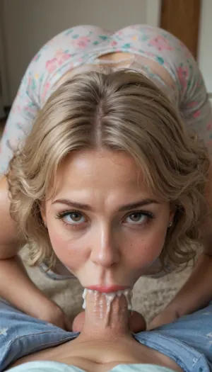 (Two milf:2), (Two femboy sucking cock:2), focus, viewer on knees, shemales looking down at viewer, looking at viewer, ultra high details, award winning photo, hdr, long disheveled hair, bangs, curly blonde hair, round face, pretty face, orange tan skin, freckles, thick lips, beautiful face, doe eyes, opened mouth, wet lips, dark eyebrows, dark eyeshadow, hazel eyes, hyper plump bimbo lips, cock bulge under pants, visible veiny penis, precum dripping, bulging testicles, (cock bulge), wide feminine hips, hourglass waist, sexy apple sized ass, plump buttocks, medium round ass, pajamas with college sorority print, unzipped pajamas, figure-hugging silk pajamas, tight-fitting soft pajamas, bulge in panties, crotchless yoga pants, gray gym shirt, sweaty armpits, soft lighting, standing in doorway, college sorority background, party decor, stretching pose, wet crotch, disdainful look, horny, bossy, fox eyes, (blowjob:2), pov, (deepthroat:2.5), (cum in mouth:2)