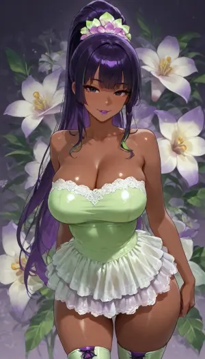 (25 year old dark skinned petite fuck machine hottie), tight white lace skirt, extremely tight sheer green tube top, green white highlights on purple hair high ponytail, (purple hair), ((highly detailed face, dark eyes, lipstick)), (((diverse floral background tropical orchid:1.2))), ((dress purple satin and lace slut wife, short hem show butt cheeks from the front)), 38BB medium breasts, slight cleavage, ass front view, slut wife, subtle smile, floral top, lace skirt, pose pop hip to side, ((slutty boots))