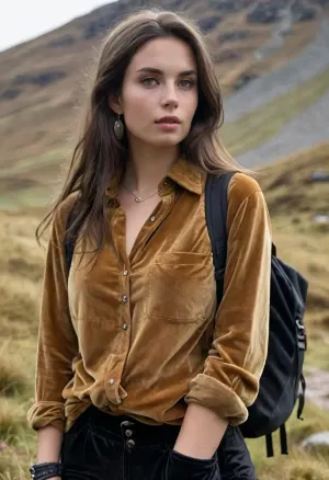 (masterpiece, best quality:1.2), 1 35yo woman, famous tourism influencer, (she wears a dark stone colored baggy velvet shirt blouse and black hiking pants:1.4), on a hiking trip in a Scottish moor, is wearing a big backpack, long straight brunette hair, (styled with jewelry, earrings and watch:1.4), bright blue eyes, photorealism, lal3xis, brown, hair, eyes, <lora:style_lora_realis:.5>, <lora:Lauren_Alexis-000009:.5>