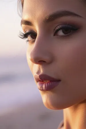 An intimate tight closeup portrait of a sultry Latina woman with an ethereal, soft-focus aesthetic, defined by diffused light. Long feathery eyelashes with thick winged eyeliner frame her soft brown eyes as she makes direct eye contact.
Her dark smokey eye shadow matches the rich purple hues of the deep sunset.
Her thick plump lips are a dark matte plum with soft pillowy creases. She has high sharp elegant cheekbones and flawless radiant skin.

The scene is enveloped in a powerful but diffused golden-hour glow which creates a luminous light bloom on her skin, dissolving sharp edges in an ethereal haze. The background is a very blurred, dreamlike pastoral pastel lavender-gray coastal sky, soft and bright. Soft focus on her eyes.
The overall mood is an intimate anticipation. Shallow depth of field, subtle film grain, light leaks, vintage analog lens. This is a high-key photograph.
The subject is anchored to the right side of the image, using the rule-of-thirds compositional technique.
The image captures extreme realistic details including sharp limbal rings and fine vellus hairs.