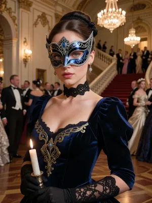 An ultra-realistic cinematic portrait of an exceptionally beautiful woman — from the chest upwards. She stands, elegantly turned in a three-quarter profile, yet looks directly into the camera. She wears a magnificent, exquisitely detailed, perfectly symmetrical masquerade half-mask, crafted from a dense, glossy dark blue and black material with a meticulously polished three-dimensional surface. The entire surface of the mask is lavishly inlaid with hundreds of tiny, sparkling diamonds and crystals, and features intricate gold filigree edging. Large, deep-blue sapphires are set in the central crown. A view of the shoulders and upper part of a majestic royal gown made of dark blue velvet and silk, adorned with rich gold embroidery and gemstone accents on the chest and collar. The backdrop is a sumptuous ballroom with a pronounced bokeh effect, where elegant people in evening gowns and tuxedos dance beneath sparkling crystal chandeliers, alongside a staircase draped in a red carpet. A masterpiece characterised by photorealistic, three-dimensional cinematic lighting.