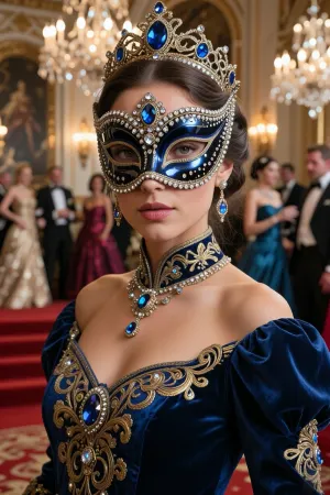 An ultra-realistic cinematic portrait of an exceptionally beautiful woman, from the chest upwards. She is standing, elegantly turned slightly in a three-quarter pose, yet looking directly into the camera. She wears a magnificent, exquisitely detailed, perfectly symmetrical masquerade half-mask, crafted from a dense, glossy dark blue and black material with a meticulously polished three-dimensional surface. The entire surface of the mask is lavishly encrusted with hundreds of tiny, sparkling diamonds, crystals and intricate gold filigree edging. Large, deep-blue sapphires are set into the central crown. A view of the shoulders and upper part of a majestic royal gown made of dark blue velvet and silk, adorned with rich gold embroidery and gemstone accents on the chest and collar. The backdrop is a sumptuous ballroom, with a strong bokeh effect, showing elegant people in evening gowns and tuxedos dancing beneath sparkling crystal chandeliers, as well as a staircase with a red carpet. A masterpiece, with photorealistic, three-dimensional cinematic lighting.
