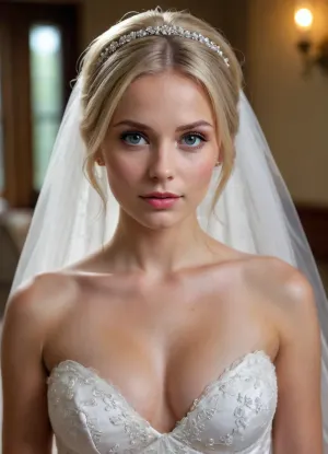 innocent face blonde bride, very cute face, slender and petite, beautiful, large perky breasts