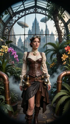 An ultra-detailed, wide-angle photograph—shot with an 18mm fisheye lens—featuring a steampunk-style female botanist inspired by the worlds of François Schuiten and Jules Verne, in a greenhouse.

She stands at the center of a gigantic, retro-futuristic 19th-century greenhouse, constructed from a complex framework of riveted wrought iron, patinated copper piping, and large, clear glass panes.

The woman wears an elaborate outfit, a structured brown leather corset with visible stitching, an ecru lace blouse with a high collar, retro brass-and-leather goggles pushed up onto her forehead, a leather harness fitted with small botanical tools and glass vials, and an asymmetrical skirt draped over buckled boots. Her instruments blend science and alchemy.

The greenhouse interior—featuring metal architecture reminiscent of Victorian railway stations—is a lush, humid tropical jungle filled with immense, brilliantly colored exotic orchids and tree ferns. Fine mist escapes from brass pipes, creating an atmospheric haze pierced by dramatic shafts of light.

Through the greenhouse's slightly fogged windows, a monumental city is visible in the background, blending steampunk aesthetics, the colossal buildings of *Metropolis*, and Bauhaus design. In the late-afternoon sky, several majestic zeppelins drift gently between spires reminiscent of those in the film *Metropolis*.

Cinematic chiaroscuro lighting, 35mm film grain, and hyper-realistic textures of glass, metal, skin, and vegetation.