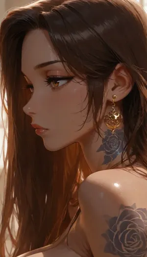 Close up, Portrait, beautiful Filipina, instagram model, 25 years old, perfect mode portrait, long black tousled hair, high pony tail high hair, eye contact, perfect large eyes, ((side view)), pulld, neck rose tattoo, deep large cleavage with massive breasts, <lora:attractive_notrigger:1.7>, <lora:BUT_SDXL_SHS:2>, <lora:Vivid Midjourney mimic - XL SDXL v2.0:.5>, <lora:add-detail-xl:1.6>, <lora:dark:.1>