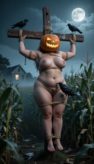 (Photorealistic), a woman, fat obese body, bound very high up on a wooden cross-like structure in a dark cornfield, full moon, mist in the corn, styled as a scarecrow. high up in the air. At least 8 feet off the ground. The subject is a nude fat obese bbw woman with huge breasts, Jack o lantern over her head, her body secured with rope to the crossbeams. No hair showing around the Jack o Lantern. Crows perch on the structure—one on her shoulder, the other crow pecks at her vagina with its beak. Her pose is static and restrained, with arms outstretched and legs bound, evoking a sense of vulnerability and sacrifice. The background features a dense field of tall corn stalks and a small farmhouse in the distance.