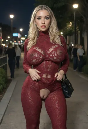 city, night, standing posing in living public park, handbag, wavy blonde Bimbo woman, see-through black fishnet top, black fishnet transparent tight top, fake huge breasts, large bimbo breasts, glamour, bimbo makeup, highly detailed skin, high realism, eyebrows drawn, very long false eyelashes, choker, small earrings, tanned skin, view from front, hard nipples, (black leather thick belt:1.2), (burgundy leather micro skirt:1.3), (black fishnet long robe with black hood on head:1.2), (crotchless clothes:2.6), (visible shaved pussy), (big labia cameltoe:1.4), (black fishnet stockings with garter:1.5), (ultra, HD, quality, details), (tanned skin), Atomictits, <lora:AtomictitsXL:.8>