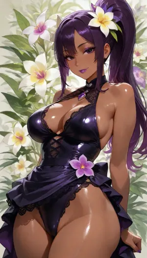 (((brightly lit image))), (((floral aesthetic, plumeria, tropical))), 25 year old dark skinned slut bitch Filipina girl of your dreams, purple sweetie wife with toned firm body, ((cutie sweetheart girl next door)), skirt, green white highlights on purple hair ponytail, (purple hair), ((highly detailed face, dark eyes, lipstick)), (((diverse floral background tropical orchid:1.2))), ((dress purple goth satin and lace slut wife, short hem show butt cheeks from the front)), 38BB medium breasts, slight cleavage, ass front view, slut wife, subtle smile, floral top, lace skirt, pose pop hip to side