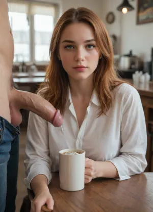 A wide front shot of a coffee bar. A fully clothed ginger woman in a white business shirt is sitting at a table. Standing right next to her, a completely naked man is positioning his erect penis directly above her white porcelain cup. A stream of white semen is actively flowing and dripping directly from the glans of the penis down into the inside of the cup. Extreme close-up interaction on the cup, showing the fluid landing inside it. Both subjects are side by side in the frame
