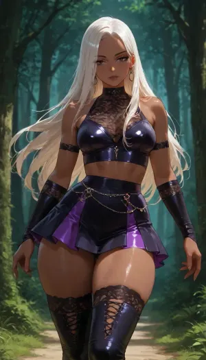 25 year old dark skinned Filipina wife beautiful gorgeous ready for sex, ((dynamic action pose portrait legs)), petite athletic muscular body, purple goth badass witch, ethereal forest whimsy aesthetic, short nano skirt, goth lace and satin