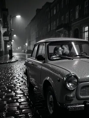 Photorealistic black and white street scene, East Berlin, 1980, a lonely cobblestone street at night in the DDR, rain falls steadily and leaves the street slick, reflective and uneven, the entire setting feels underlit and neglected, authentic DDR atmosphere, far too few street lamps, large stretches of darkness between weak pools of light, oppressive low-key lighting, deep blacks, strong contrast, rich grayscale tonal separation, fine film grain, subtle mist and rain haze, in the foreground stands a Trabant 601, model year 1979, highly detailed and historically accurate, with wet bodywork, rain droplets on the paint, realistic chrome details, windshield wipers, window reflections and visible texture on the glass, beside and partially framed through the windows of the Trabant is a young couple, the woman, 25 years old, and the man, 23 years old, standing close together in an intimate, tender moment, their faces, clothing, skin texture and hair rendered with high detail, the foreground details remain clearly visible, including the wet cobblestones, the Trabant surfaces, the reflections in the glass and the couple’s expressions, the mood is melancholic, intimate and cinematic, with a sense of isolation, quiet romance and historical authenticity, masterpiece, ultra detailed, highly atmospheric, realistic textures, strong depth, documentary realism, premium composition
