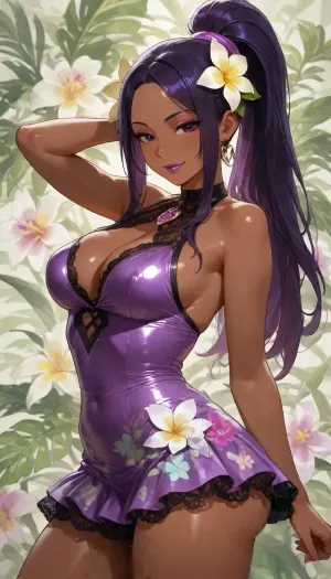 (((fluid dripping and oozing from thighs))), (((brightly lit image))), (((floral aesthetic, plumeria, tropical))), 25 year old dark skinned slut bitch Filipina girl of your dreams, purple sweetie wife with toned firm body, ((cutie sweetheart girl next door)), skirt, green white highlights on purple hair ponytail, (purple hair), ((highly detailed face, dark eyes, lipstick)), (((diverse floral background tropical orchid:1.2))), ((dress purple satin and lace slut wife, candy floral skirt dress)), 38BB medium breasts, slight cleavage, ass front view, slut wife, subtle smile, floral top, lace skirt, pose pop hip to side, (goth:.9)