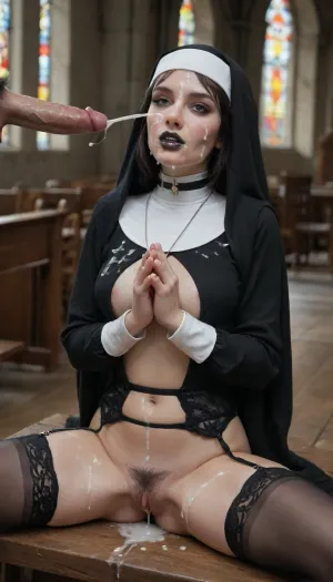 score_9, score_8_up, score_7_up, score_6_up 1girl, gothic, (((horny expression))), goth, pale skin, (pale skin), dark black eyes, (black hair), bangs hair, black eyeliner, (black lipstick), white skin, black choker, medium natural tits, extreme snatched waist, pencil waist, wide hips, hour glass body, (pubic hair:1.9), hairy vagina, choker, spiked choker, body chain, pentagram necklace, arm bracelet, (naughty nun outfit:1.8), garter belt, lace stockings, dark church, ultra high definition, 8k, perfect light, insanely detailed, oiled skin, she leans back sitting on church pew bench, spread legs, asshole visible, praying, cum covered face, (imminent blowjob:1), next to her stands a man mostly out of frame, he ejaculates cum on her face from his erect penis, cum on face, facial, cumshot, (projectile cum:1.5), (ejaculation:1.5), (cum covered:1.8), excessive cum