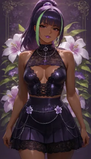 (((brightly lit image))), 25 year old dark skinned slut bitch Filipina girl of your dreams, purple sweetie wife with toned firm body, ((cutie sweetheart girl next door)), skirt, green white highlights on purple hair ponytail, (purple hair), ((highly detailed face, dark eyes, lipstick)), (((diverse floral background tropical orchid:1.2))), ((purple goth satin lace and chains slut wife)), small breasts inside extremely tight crop top, slight cleavage, ass front view, goth slut wife, subtle smile, floral top, lace skirt, pose pop hip to side