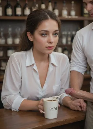 Front view of a coffee bar, a woman is sitting at a table wearing a white shirt and drinking coffee, a man with an erect penis is ejaculating into the woman's white porcelain cup.