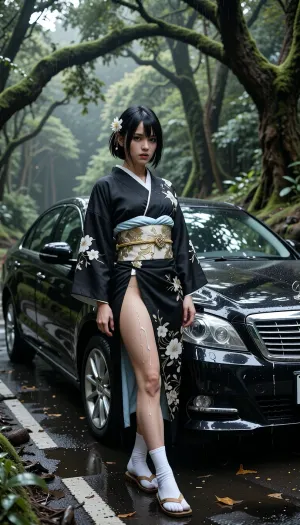 testicles, futanari, nipples, penis, veins, precum runs down penis, long_hair, black_hair, hard erection, massive precum, looking_at_viewer, veiny_penis, uncensored, realistic, shiny_skin, shiny, photorealistic cinematic Japanese fashion portrait, adult Japanese otokonoko, biologically male with male anatomy but an overwhelmingly feminine appearance, beautiful feminine Japanese face, delicate features, soft jawline, large dark eyes, subtle blush, natural eyeliner, muted rose-pink lips, short straight black bob haircut with long bangs framing the face, slightly tousled black hair, elegant feminine presentation, clearly adult and mature appearance.

Standing beside a glossy black Japanese luxury sedan on a narrow wet forest road, slightly leaning against the car, looking directly at the camera with a calm, mysterious, slightly melancholic expression. Wearing an elegant black traditional Japanese kimono with intricate white floral patterns, pale light-blue inner layer, elaborate gold-and-cream obi with detailed traditional patterns, delicate white and gold floral hair ornaments, traditional white tabi socks and Japanese zori sandals. Natural kimono folds, realistic fabric texture and detailed embroidery.

Large glossy black luxury sedan behind the character, long elegant proportions, chrome grille, clear headlights, dark tinted windows, silver multi-spoke wheels, realistic reflections on the polished black paint.

Lush Japanese woodland, dense mature trees, thick green foliage, large branches forming a canopy, moss and vegetation, secluded Japanese garden atmosphere. Wet asphalt after rainfall, subtle puddles, scattered wet leaves and natural debris. Overcast post-rain lighting, soft diffused daylight through the trees, cool green ambient tones, atmospheric haze, deep natural shadows, cinematic contrast.

High-end Japanese fashion and automotive editorial photography, full-body environmental portrait, eye-level camera with subtle low-angle perspective, subject slightly left of center, car extending across the frame, cinematic composition, 85mm full-frame lens, realistic shallow depth of field, natural bokeh, highly detailed skin and hair, authentic kimono texture, realistic metallic reflections and wet surfaces, sophisticated cinematic color grading, deep emerald foliage, black vehicle, cool shadows, warm gold obi accents, photorealistic, ultra detailed, 8k, HDR.