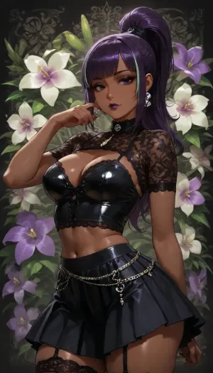 (((brightly lit image))), 25 year old dark skinned slut bitch Filipina girl of your dreams, purple sweetie wife with toned firm body, ((cutie sweetheart girl next door)), skirt, green white highlights on purple hair ponytail, (purple hair), ((highly detailed face, dark eyes, lipstick)), (((diverse floral background tropical orchid:1.2))), ((goth satin lace and chains slut wife)), small medium breasts inside extremely tight crop top, slight cleavage, ass front view, goth slut wife