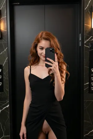 masterpiece, best quality, newest, ultra detailed, photorealistic, realistic photography, young little pretty girl taking a mirror selfie inside a modern luxury elevator, vertical composition, upper all body and waist visible, standing directly in front of the elevator mirror, body facing the mirror, head slightly turned toward the camera, relaxed natural posture, long voluminous wavy auburn copper-red hair, loose curls, center part, naturally tousled hair, warm copper highlights, realistic individual hair strands, natural eyebrows, subtle eyeliner, soft natural makeup, plamp glossy lips, gentle confident smile, holding a modern smartphone vertically in her right hand directly in front of her face, smartphone partially covering the right side of her face and one eye, phone clearly visible in the mirror reflection, fingers wrapped naturally around the phone, long almond-shaped pale pink manicure, silver ring on finger, wearing an elegant fitted black sleeveless dress with thin shoulder straps, pulled up dress, sliding to exposed pussy, (naked pussy slipped out:2), subtle V-neckline, black fabric, form-fitting silhouette, realistic fabric texture, dark luxury elevator interior, large rectangular mirror, black matte elevator doors directly behind her, dark green-black marble walls with subtle natural stone veining on both sides, black metal trim, minimalist high-end hotel elevator, symmetrical architecture, warm dim tungsten lighting, soft amber highlights on the hair and skin, subtle shadows, cinematic low-key lighting, realistic reflections in the mirror, physically accurate lighting, natural skin texture, visible pores, realistic complexion, camera perspective matching a smartphone mirror selfie, eye-level camera, slightly wide smartphone lens, natural perspective, subject centered slightly left of frame, realistic smartphone photograph, subtle depth of field, high dynamic range, photographic realism, detailed marble texture, realistic mirror reflection, no studio look