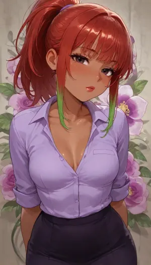 (bright image), 25 year old dark skinned Filipina, purple sweetie wife with toned firm body, ((cutie sweetheart girl next door)), skirt, green highlights on red hair ponytail, slight hint pink panties, ((highly detailed face, dark eyes, lipstick, blush)), (((diverse floral background rose tropical orchid:1.2))), ((slut office worker secretary)), small breasts inside tight office purple blouse