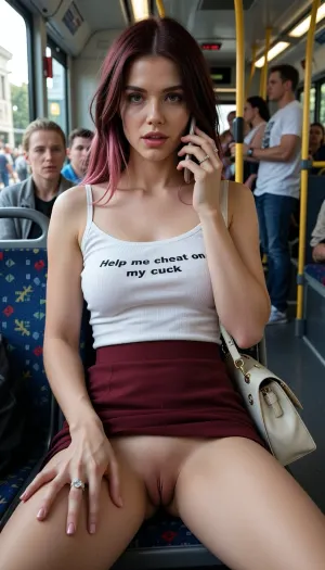 Full body front view. A woman is sitting with tighten thighs on a metropolitan seat, she's pressing her handbag against her. Dark red hair with pink highlights. She's wearing a very tight white top with thin straps and text Help me cheat on my cuck written on, a dark red skirt, no panties, smoothly shaven pussy visible. Wedding ring with a diamond on her ring finger. Viewer is sitting 5 seats far away from her and secretly taking pictures with a smartphone. She's looking at viewer while she's talking on the phone. There are a lot of people on the bus, and people are standing and sitting in the background. Daytime, sunlight sparkling the scene, soft lighting.