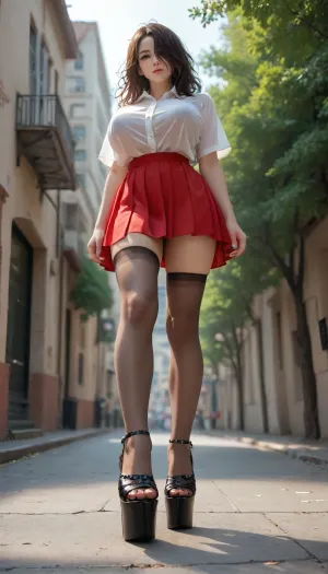 1girl, low angle, long_hair, huge breasts, hair over one eye, black_hair, solo, outdoors, messy hair, (platform heels:1.5), full_body, looking at viewer, see-through, pleated red skirt, photo background, standing, stockings