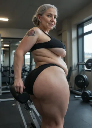Photorealism, Gym, night in big windows, (chubby:1.2), bbw chubby fat granny 55 years old, mature catching look, fat belly, wide natural saggy tits, side view, make gym workout ass up exercise machine in the gym, high detailed face, piercing on body, tattoo, big wide ass, front lower view, wide hips, (black short bob), huge puffy pussy, dark makeup, old cellulite frecles granny body, tight nike gym bodysuit, big fake eyelashes, big eyebrows, large, breasts, big, boobs, huge, tits, <lora:dark:.2>, <lora:Real_People-SDXL:1>, <lora:bombshell_v2:.8>