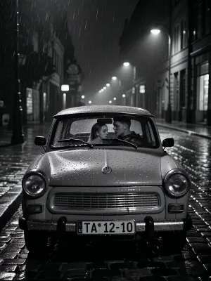 Photorealistic black and white street scene, East Berlin 1980, a lonely cobblestone street at night in the GDR. Rain falls steadily and leaves the street slick, reflective and uneven. The entire setting feels underlit and neglected. Authentic DDR atmosphere. Far too few street lamps. Large stretches of darkness between weak pools of light. Oppressive low-key lighting, deep blacks, strong contrast, rich grayscale tonal separation. Fine film grain, subtle mist and rain haze. In the foreground stands a Trabant 601, model year 1979, highly detailed and historically accurate, wet bodywork, rain droplets on the paint, realistic chrome details, windshield wipers, window reflections, and visible texture on the glass. A historically accurate East German license plate reading, "TA 12-10", black embossed letters on a white metal plate, no modern EU stripe. slightly dirty and rain speckled, inside and partially framed through the windows of the Trabant is a young couple, the woman, 25 years old, and the man, 23 years old. Standing close together in an intimate, tender moment. Their faces, clothing, skin texture and hair rendered with high detail. The foreground details remain clearly visible, the wet cobblestones, the Trabant surfaces, reflections in the glass and the couple's expressions. The mood is melancholic, intimate and cinematic. With a sense of isolation, quiet romance and historical authenticity. Masterpiece. Ultra-detailed, highly atmospheric, realistic textures, strong depth, documentary realism, premium composition.