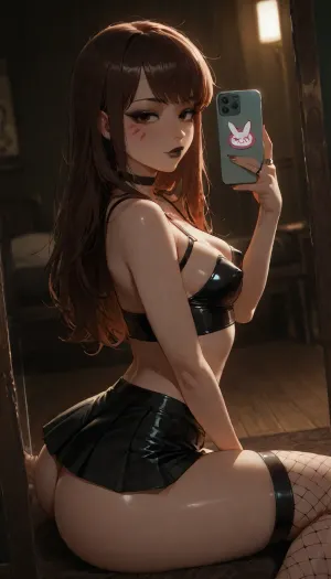 (Mirror selfie:1.3), (flash photo:1.3), from side, (d.va from overwatch), 18yo, (slutty:1.3), (small body), (slim), (flat stomach), (pale, glistening skin), (black cropped top), (black school mini skirt), (black fishnet leggins), black choker, medium small breasts, round breasts, erected nipples, messy hair, (black makeup:1.3), naughty look, (sexy:1.5), (sitting on floor, legs apart, ass), (dark bedroom:1.3), (ring lighting:1.3), (strong frontal white light:1.5), 4ng3l, face, green, eyes, blue, brown, perfecteyes, <lora:SDXL_BetterFaces-LoRA_v1:.8>, <lora:add-detail-xl:.8>, <lora:PerfectEyesXL:.8>, <lora:dark:.3>