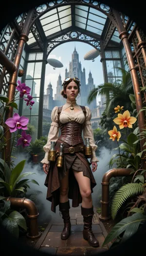 An ultra-detailed, wide-angle photograph—shot with an 18mm fisheye lens—featuring a steampunk-style female botanist inspired by the worlds of François Schuiten and Jules Verne, in a greenhouse.

She stands at the center of a gigantic, retro-futuristic 19th-century greenhouse, constructed from a complex framework of riveted wrought iron, patinated copper piping, and large, clear glass panes.

The woman wears an elaborate outfit, a structured brown leather corset with visible stitching, an ecru lace blouse with a high collar, retro brass-and-leather goggles pushed up onto her forehead, a leather harness fitted with small botanical tools and glass vials, and an asymmetrical skirt draped over buckled boots. Her instruments blend science and alchemy.

The greenhouse interior—featuring metal architecture reminiscent of Victorian railway stations—is a lush, humid tropical jungle filled with immense, brilliantly colored exotic orchids and tree ferns. Fine mist escapes from brass pipes, creating an atmospheric haze pierced by dramatic shafts of light.

Through the greenhouse's slightly fogged windows, a monumental city with dizzying architecture is visible in the background, blending steampunk aesthetics, the colossal buildings of *Metropolis*, and Bauhaus design. In the late-afternoon sky, several majestic zeppelins drift gently between spires reminiscent of those in the film *Metropolis*.

Cinematic chiaroscuro lighting, 35mm film grain, and hyper-realistic textures of glass, metal, skin, and vegetation.