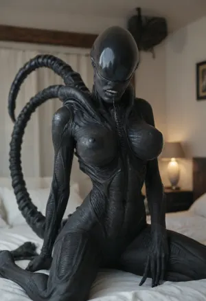 One girl, 20yo, slim, big tits, (hot sexy Cosplay Xenomorph, (Alien), , , creature character:1.6), Bedroom