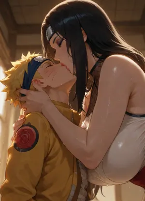 masterpiece, high detailed, (Glossy liner anime style), (Yūhi Kurenai from Naruto, long black hair, her white outfits, fishnet halter, hourglass figure body, 36 years old, eyeshadow, milf, giant woman), (1 boy, Naruto_Uzumaki, yellow hair, his yellow coat, headband with Konoha emblem, short and small boy), (mother and son, taboo relationship), woman holding back of boy's head, (height difference, giant woman and small boy), side view, below view, deep field shot, backlight, hetero, woman bend forward to kissing the boy, waist, bend over, mouth to mouth, wet kiss