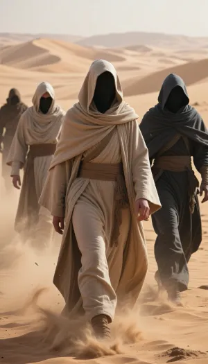 cinematic shot of a group of mysterious figures walking through a vast desert, inspired by the aesthetic of Dune, hooded cloaks, heavy fabric draping, face-concealing hoods, faceless, sand-dusted textured robes in shades of beige, sand, and dark charcoal grey, hazy atmosphere, swirling dust particles, desert landscape, soft diffused sunlight, desert planet, ethereal and epic scale, high detail, sharp focus, cinematic lighting, dramatic shadows, wide angle, desert dunes in background, 8k, photorealistic, intricate textures, masterpiece, moody, atmospheric.