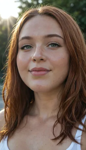 Close up, gorgeous bbw face, beaty bbw, no makeup, thick lips, round face, stunning chubby face, ginger hair, sun rays, smile, green eyes