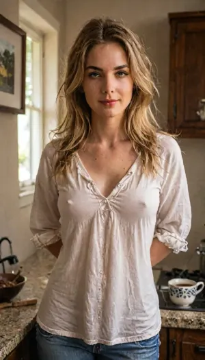 ASSIGNMENT, Take an amazing photo of a gorgeous busty blonde housewife standing in her pajamas in front of the kitchen window with light streaming onto her. BREAK.

COSTUME, long cozy thin blue thigh-length sleep shirt, (long blue sleep shirt), no underwear, jewelry. BREAK.

BODY, beautiful busty sweet wholesome MILF, Midwestern, 30 years old, detailed natural breasts, C cup, creamy pale skin, detailed realistic skin with pores and blemishes and hair follicles, detailed hands, hairy bush, large aureoles and puffy nipples, perfect hands, handslora, BREAK.

FACE, beautiful, wholesome, kite-shaped face, high high forehead, thin dark defined eyebrows, long eyelashes, light makeup, mascara, eyeliner, eye shadow, pink lipstick, looking at viewer, detailed_face, perfect teeth, soft smile, thin moist lips. happy, BREAK.

HAIR, long very straight blonde hair pulled back, (light blonde hair), straight straight hair, detailed hair, BREAK.

LOCATION, suburban sunlit modern kitchen, BREAK.

POSE, standing, ((hands behind back)), view from thighs up, BREAK.

AESTHETIC, score_9, score_8_up, score_7_up, solo, realistic, 8K, hyper realistic, sexy housewife vibes, looks like a real photo, sexy as hell, BREAK.

TEMPLATES, analog, AnalogRedmAF, braless, Wearing, clothes, that, make, sense, with, Braless>, <lora:style_lora_realis:2>, <lora:AnalogRedmondV2-Analog-AnalogRedmAF:1.5>, <lora:add-detail-xl:2>, <lora:bralessSDXL_v1_00022:1.3>