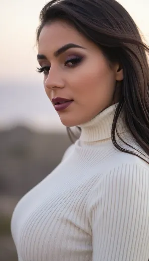An intimate portrait of a sultry Latina woman with an ethereal, soft-focus aesthetic, defined by diffused light. She wears a snug luxurious ivory white turtleneck sweater flatteringly hugging her slender waist.

Long feathery eyelashes with thick winged eyeliner frame her soft brown eyes.
Her dark smokey eye shadow matches the rich purple hues of the deep sunset.
Her soft lips are a dark matte plum. She has high sharp elegant cheekbones and flawless radiant skin.
Her long luxurious dark hair blows softly in the wind.

The scene is enveloped in a powerful but diffused golden-hour glow which creates a luminous light bloom on her skin, dissolving sharp edges in an ethereal haze. The background is a very blurred, dreamlike pastoral pastel lavender-gray coastal sky, soft and bright. Soft focus on her eyes.
The overall mood is an serene contemplation. Shallow depth of field, subtle film grain, light leaks, vintage analog lens. This is a high-key photograph.
The subject is anchored to the right side of the image, using the rule-of-thirds compositional technique.
The image captures extreme realistic details including sharp limbal rings and fine vellus hairs.
