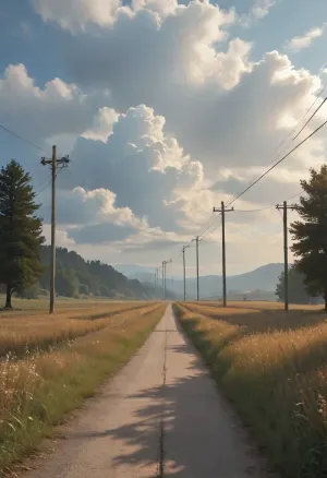straight narrow old asphalt road stretches away into the distance, along the road are bright green fields and poles with wires on the right, a bright blue sky with white clouds, low mountains on the horizon