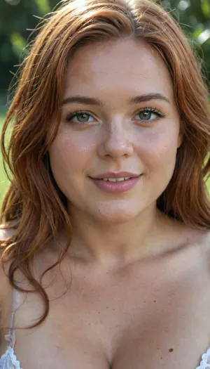 (Close up:.6), (german bbw:1.2), gorgeous bbw face, beaty bbw, no makeup, thick lips, round face, stunning chubby face, ginger hair, sun rays, smile, green eyes