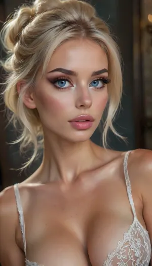 (masterpiece, 8k, intricate Texture and Detail, best quality, full body view), (42 years old sexy student), hot, sexy, gorgeous, (stunning feline eyes, highly detailed eyes, skyeblue eyes), long eyelashes, (heavy Eyeliner, heavy eyeshadow, heavy Mascara), sexy Make-up, cute nose, intense erotic eye contact, highly detailed voluminous lips, soft lips, highly detailed eyebrows, (highly detailed platinum-blonde hair, shoulder-long hair, highlighted, sexy updo), (skinny body:1.3), (slender body:1.3), (highly detailed skin-texture, tanned skin), (perfectly shaped huge artificial breasts), 4ng3l, face, <lora:SDXL_BetterFaces-LoRA_v1:.8>, <lora:Microwaist_XL_v01:.8>, but, <lora:BUT_SDXL_SHS:.8>