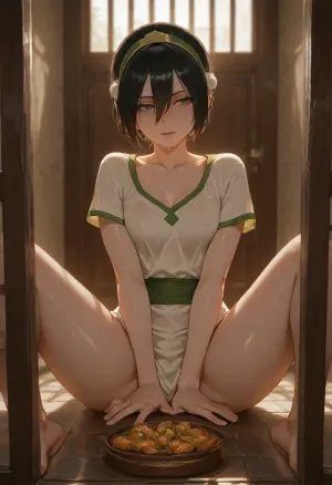 masterpiece, best quality, absurdres, newest, highres, very aesthetic, 1girl, solo, toph bei fong, avatar the last airbender, mature female, adult, nsfw, pale skin, black hair, short hair, bangs, green eyes, blind, sitting on floor, looking toward sound, small breasts, athletic, prison clothes, simple tunic, hiked hem, barefoot, metal floor, through doorway, through window, meal slot, food slot, small rectangular opening, metal door, iron frame in foreground, prison cell, dim torchlight, heat haze, sweat, dramatic lighting, depth of field, detailed face, detailed eyes, intricate details