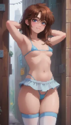 Stylized pixel art, bratty eighteen year old tight bodied girl, toned fit gym body, thick thighs, wide hips, pert round ass, toned stomach, small breasts, with long brown hair, wearing black glasses and a tiny crop top and string thong. She has a playful, cheeky expression, smirking flirtatiously, standing in a, (futuristic city alleyway, at night, lit by, neon light, refelections, rtx), her hands are against the wall and she is being, Her outfit includes knee-high, micro bikini, micro skirt, thigh-high stockings. Retro anime pixel aesthetic, soft halftone shading, vibrant colours, black background, cute and energetic pose — 16-bit inspired sprite style., pixel, art, <lora:ratatatat74-000050:.2>, <lora:outline_xl_kohaku_delta_spv5x:.8>, <lora:cartoon_stickers_xl_v1:1.6>, <lora:NEOTOKIOXL_0.2_RC:1.1>, <lora:pixel_stormXL:1>